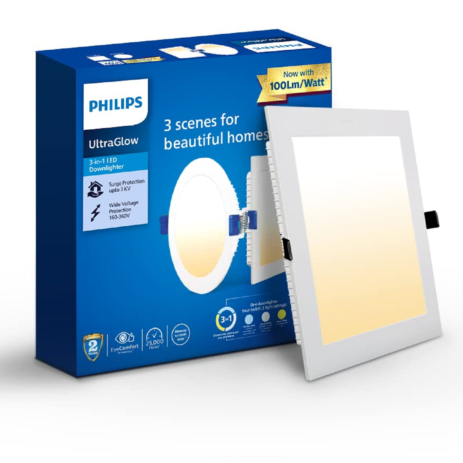 PHILIPS 15-watt Square LED Downlight  3-in-1 Recessed LED Downlight  LED Ceiling Panel  Light for Ho
